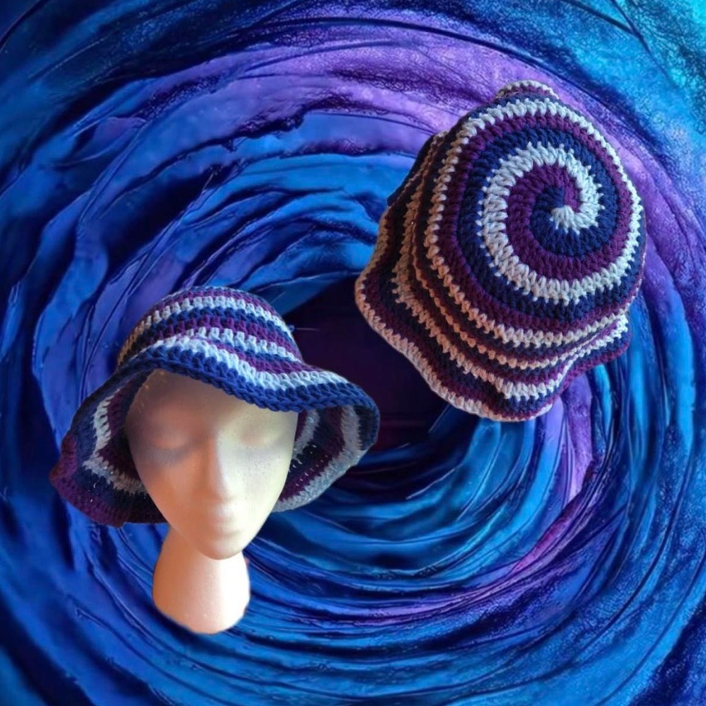 crochet coraline inspired light blue, blue, and purple spiral bucket HANDMADE
